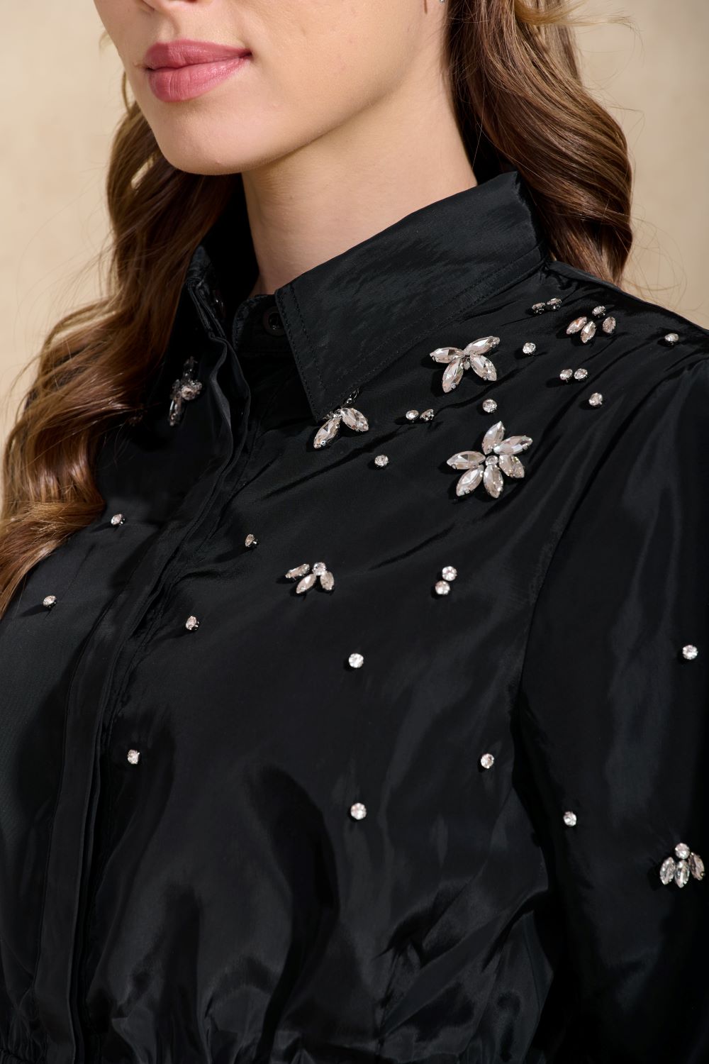 ROP-RPW2510 BLACK EMBELLISHED TAFFETA BLOUSE