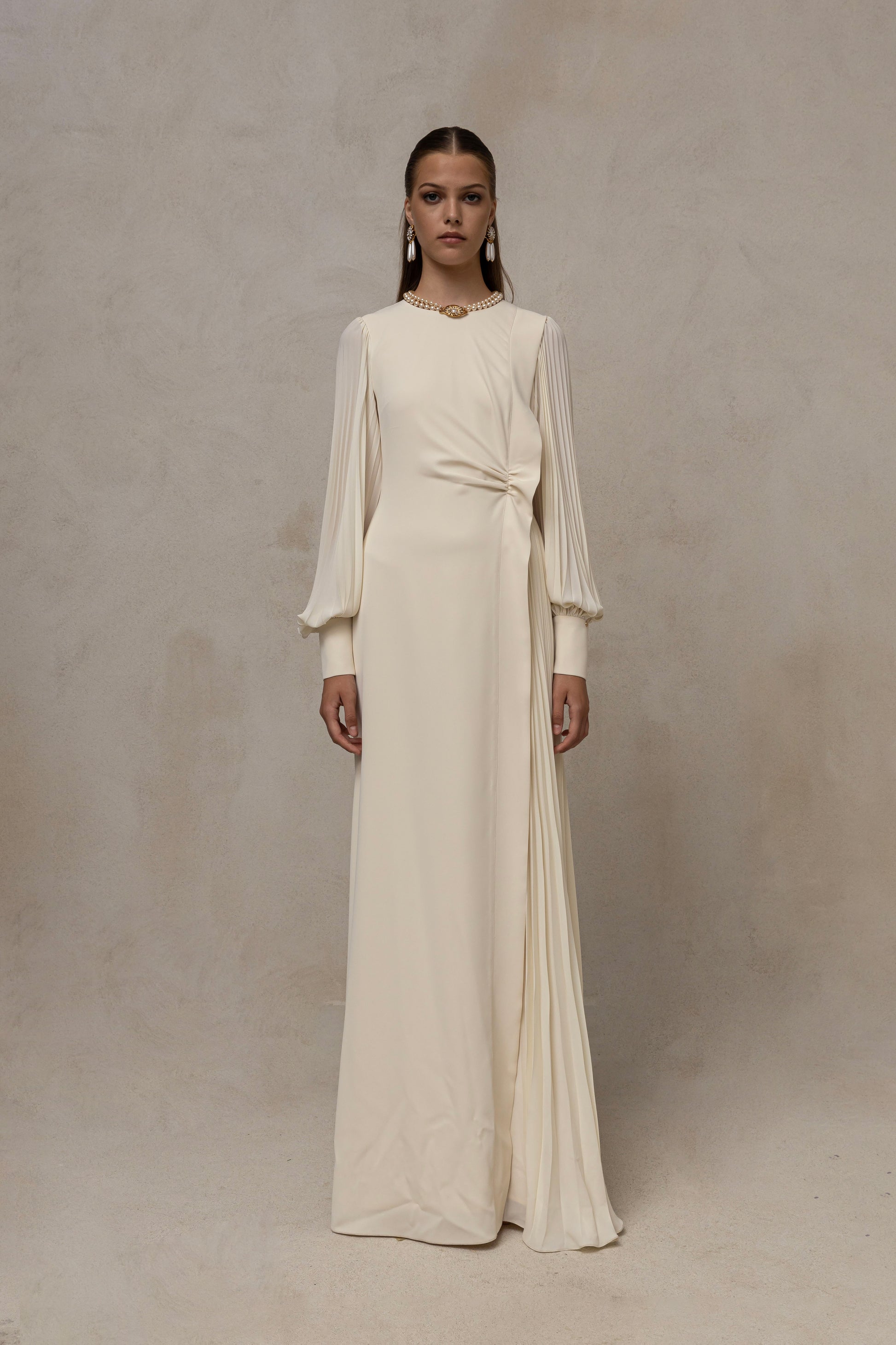 NIS-RS15710 IVORY PLEATED GATHERED DRESS