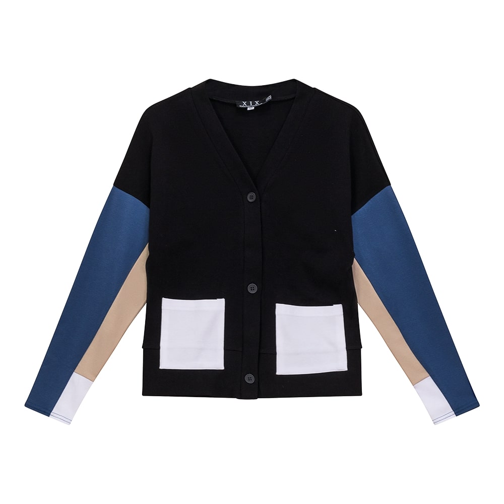 DEJ-SB4CM8904T BLACK CARDIGAN WITH BLUE DENIM AND BEIGE