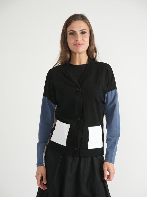 DEJ-SB4CM8904T BLACK CARDIGAN WITH BLUE DENIM AND BEIGE