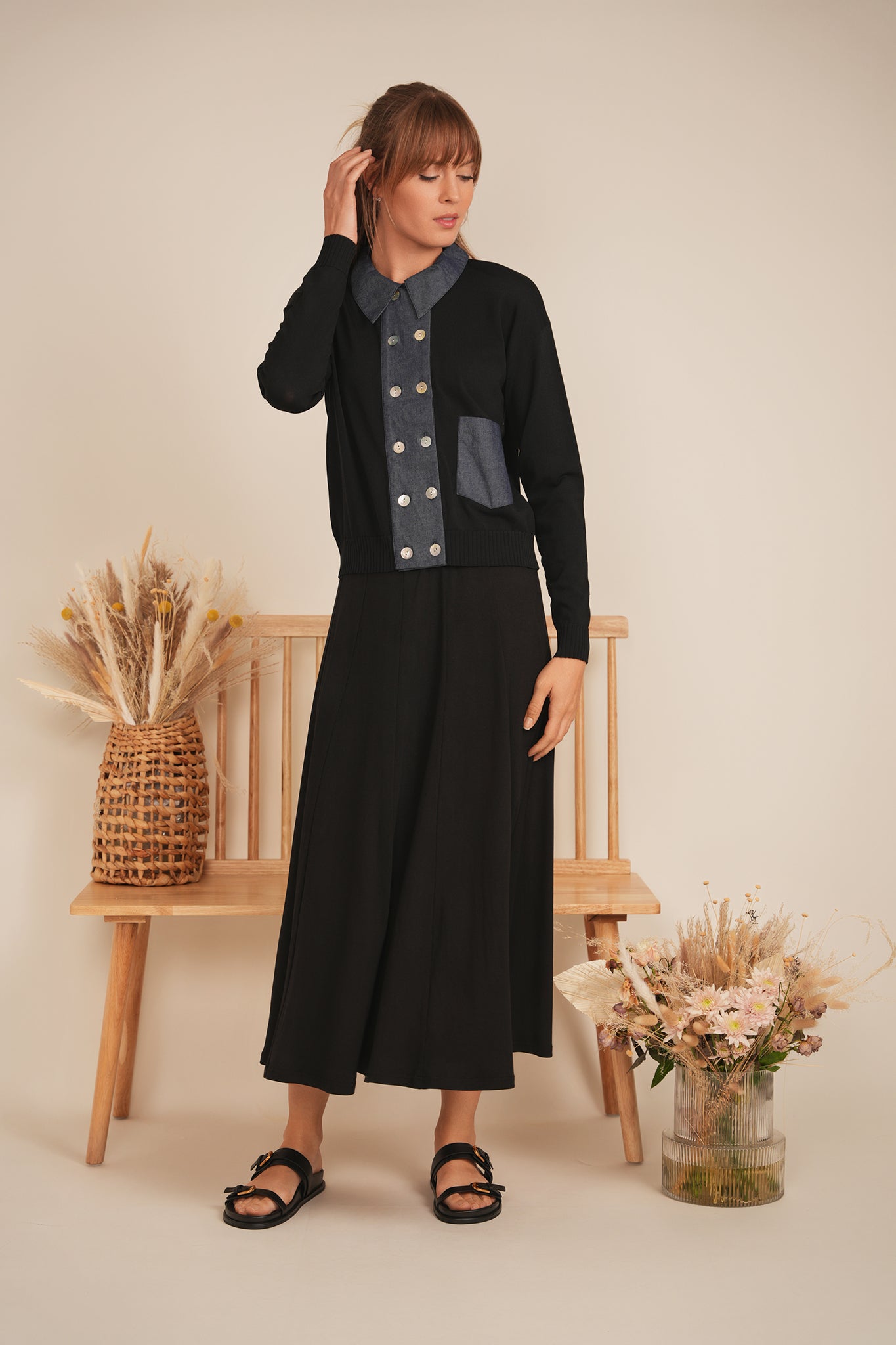 DEJ-SB5CM1467TE BLACK&DENIM CARDIGAN