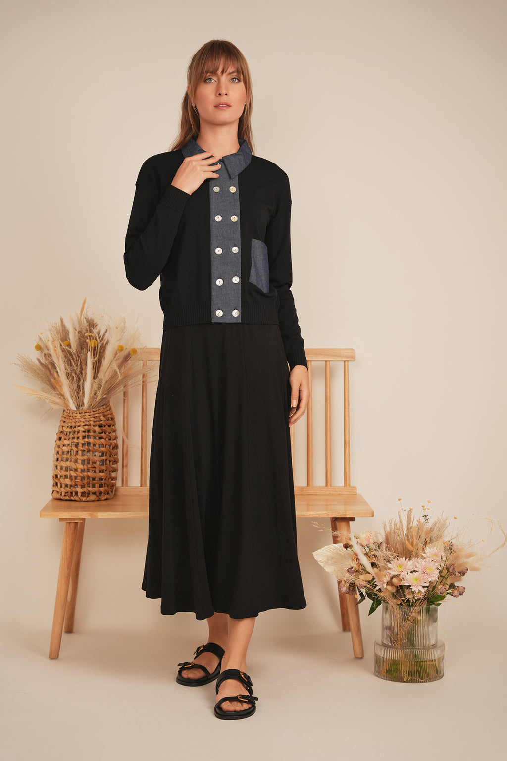 DEJ-SB5CM1467TE BLACK&DENIM CARDIGAN