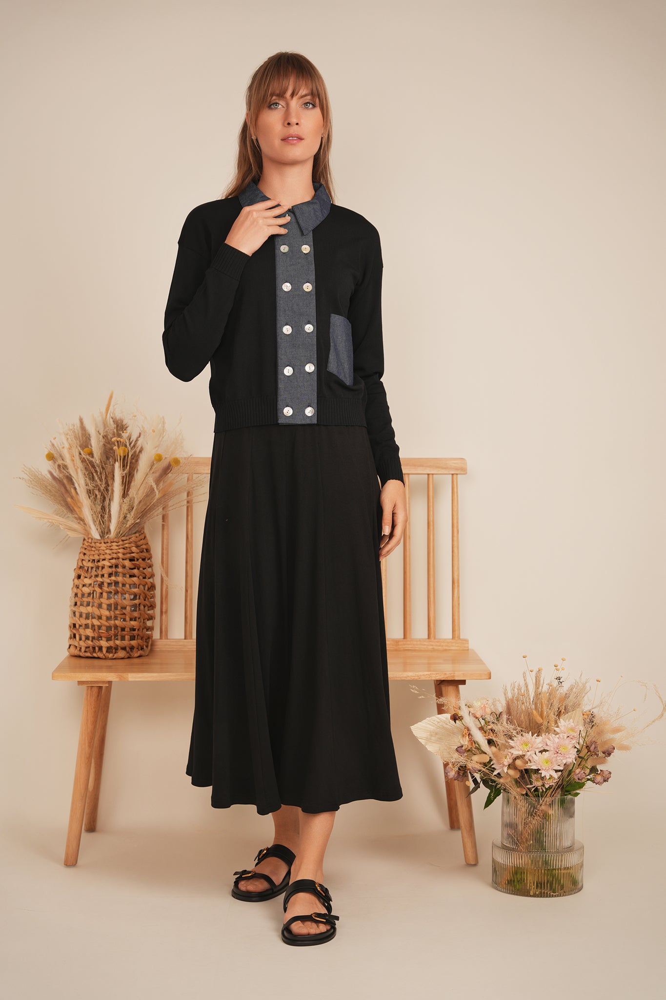 DEJ-SB5CM1467TE BLACK&DENIM CARDIGAN