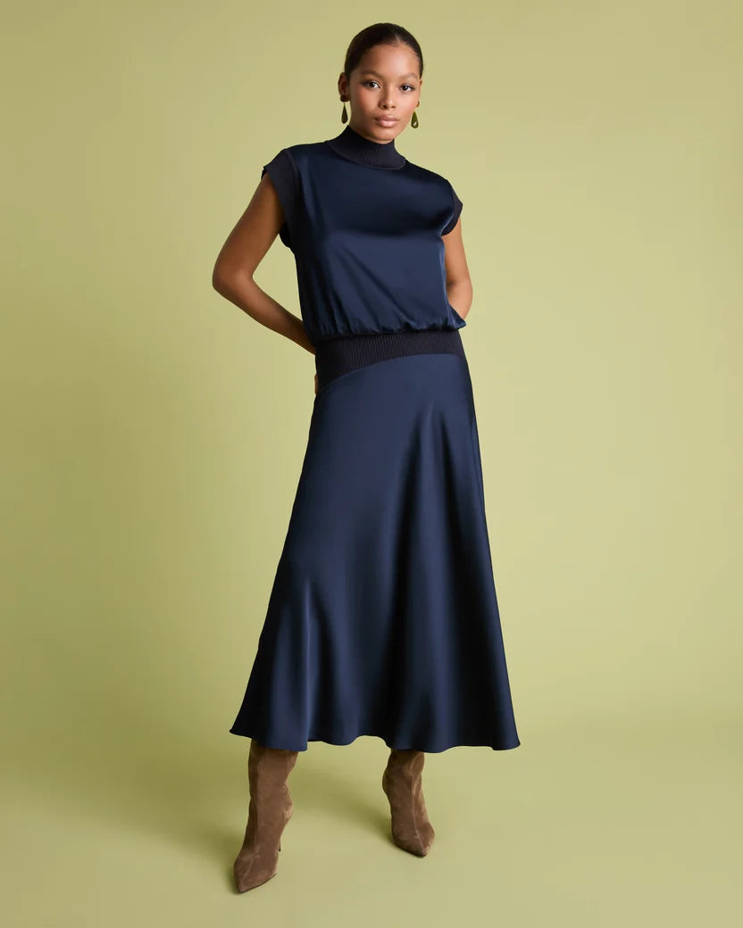 FLR-SK-00 NAVY SATIN&KNIT SKIRT