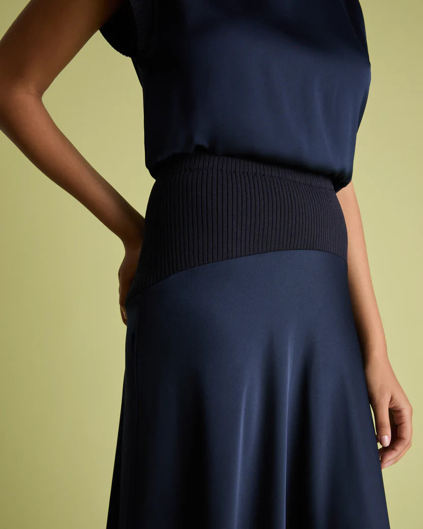FLR-SK-00 NAVY SATIN&KNIT SKIRT