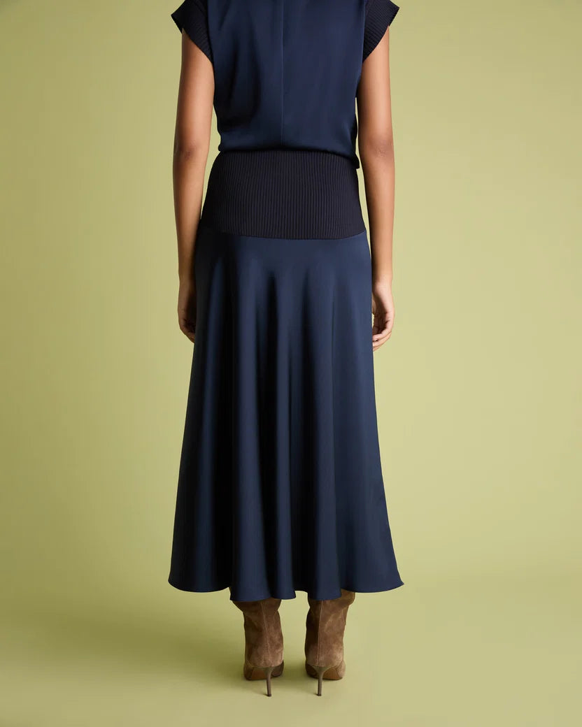 FLR-SK-00 NAVY SATIN&KNIT SKIRT
