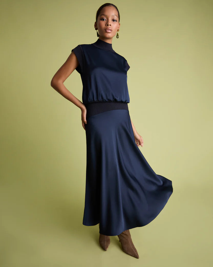 FLR-SK-00 NAVY SATIN&KNIT SKIRT
