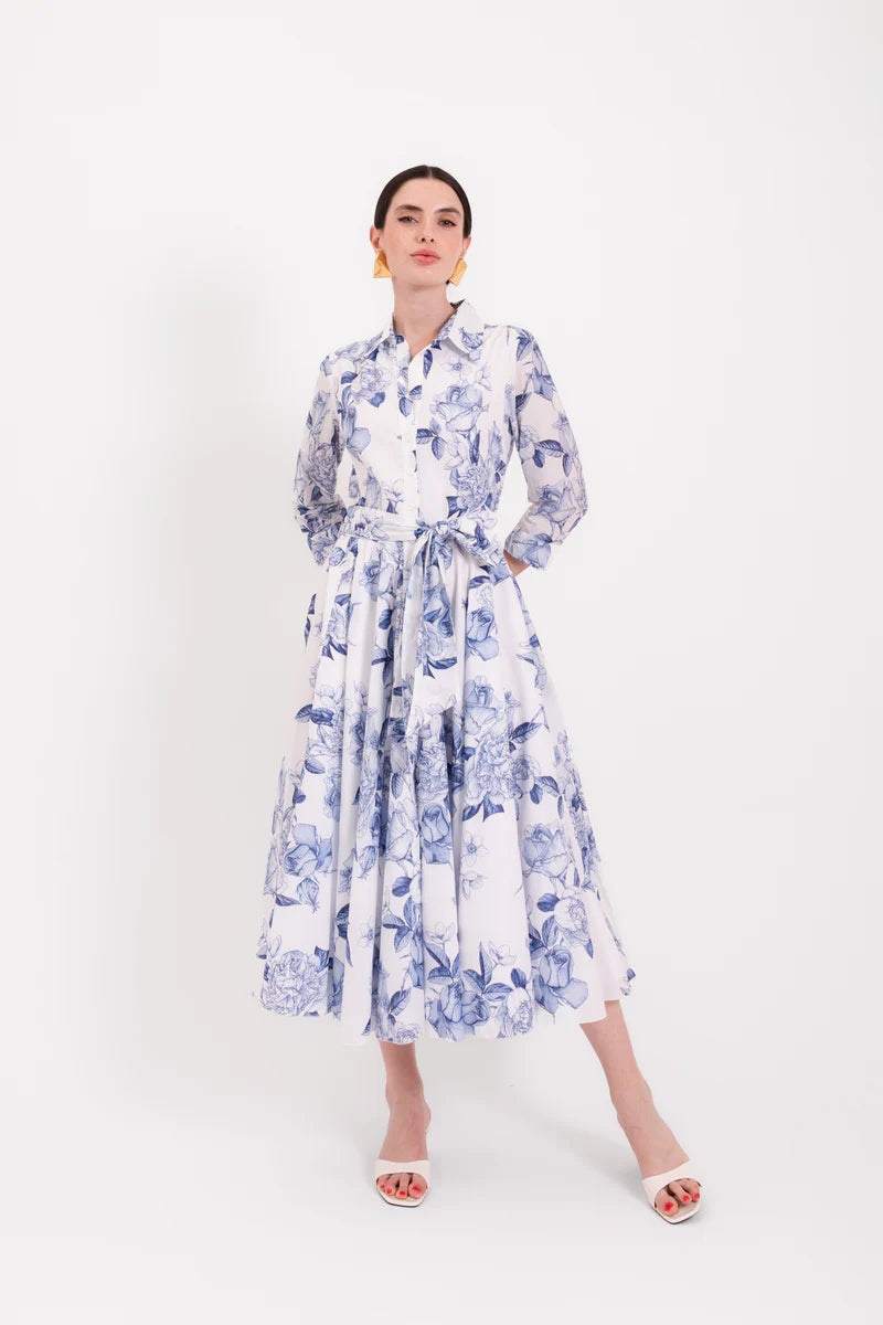 LAV-B7WD020 SPRITZ WHITE&BLUE FLORAL PRINT DRE