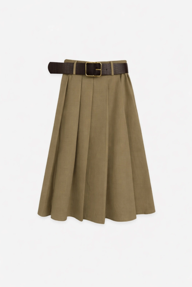 ELW-60369LJ KHAKI LEATHER BELT SKIRT