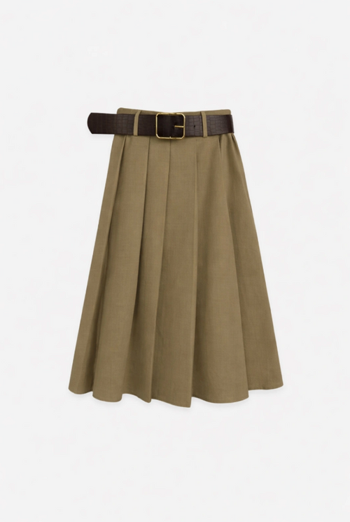 ELW-60369LJ KHAKI LEATHER BELT SKIRT