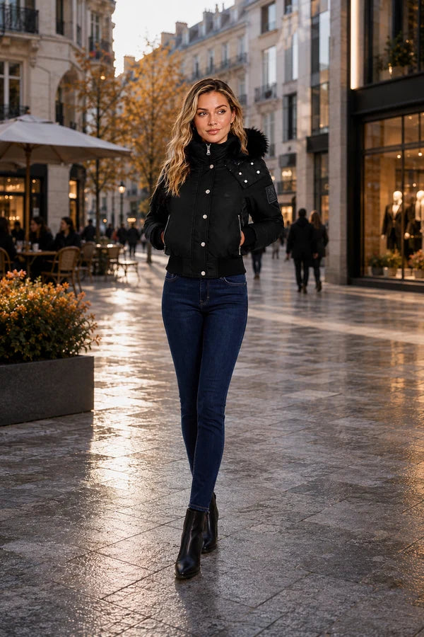 ARB-5026 BLACK FUR HOOD BOMBER JACKET