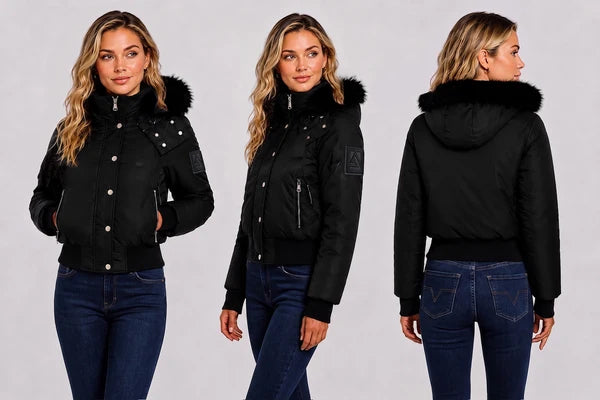 ARB-5026 BLACK FUR HOOD BOMBER JACKET