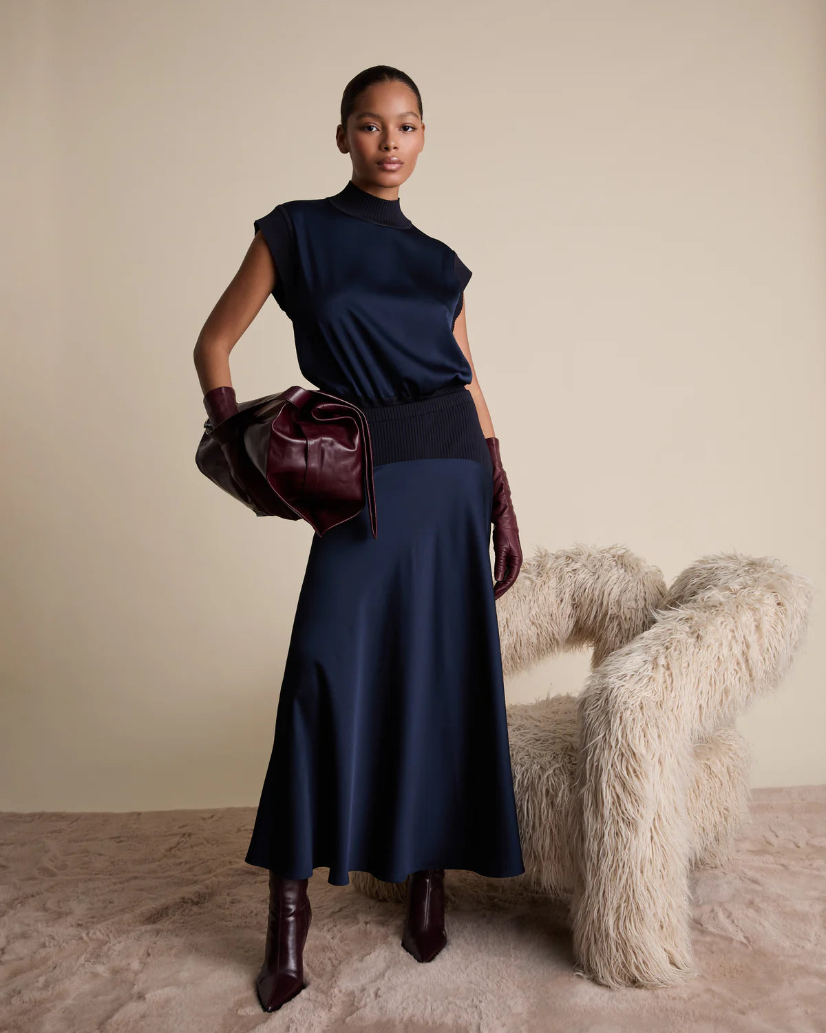 FLR-T-011 NAVY SATIN&KNIT SLEEVELESS TOP