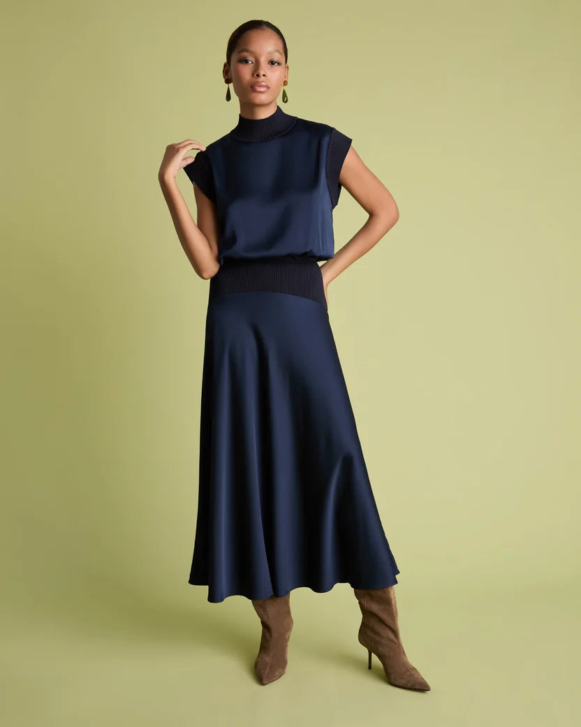 FLR-T-011 NAVY SATIN&KNIT SLEEVELESS TOP