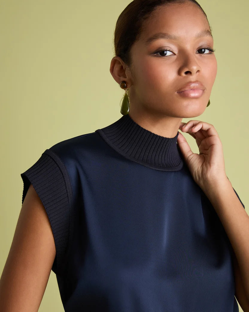 FLR-T-011 NAVY SATIN&KNIT SLEEVELESS TOP