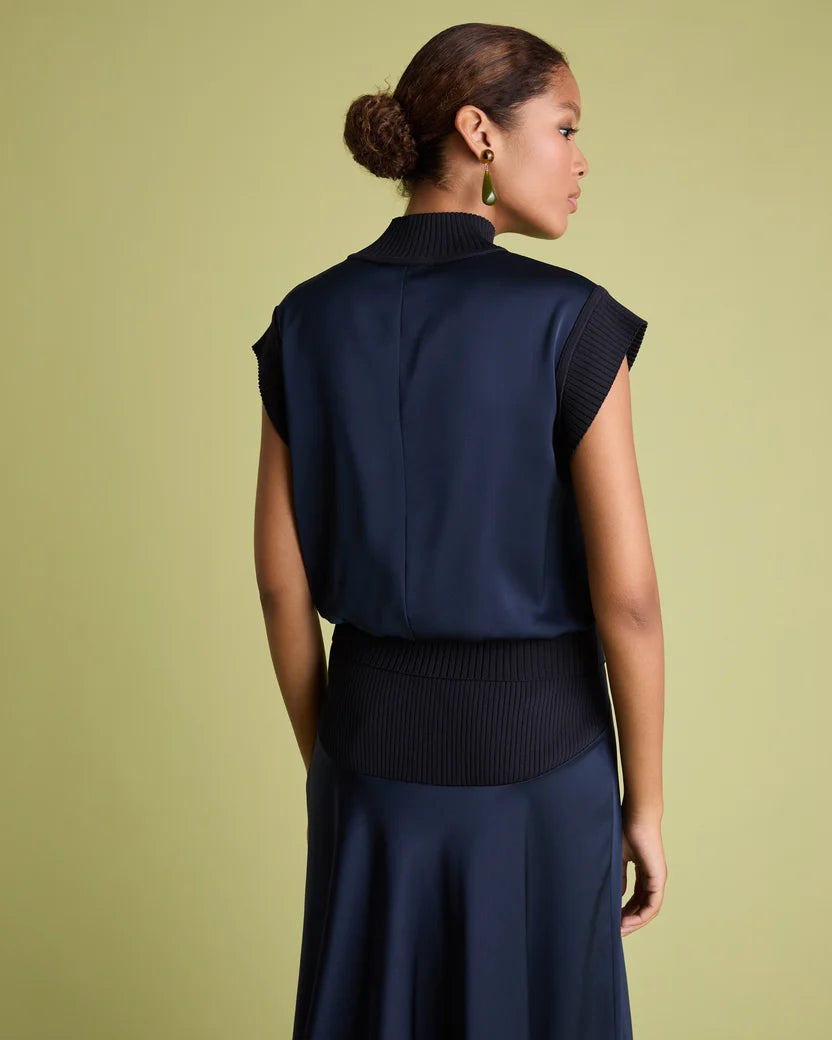 FLR-T-011 NAVY SATIN&KNIT SLEEVELESS TOP
