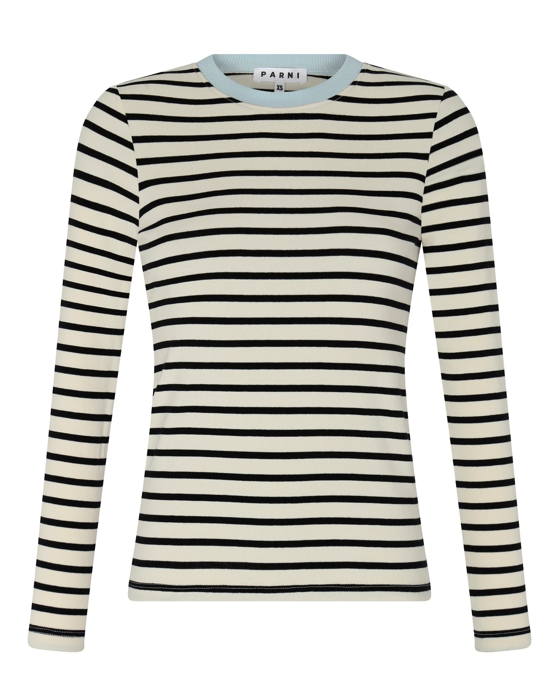 PAR-T424 IVORY BLK&BLUE NECK STRIPED T-SHIRT