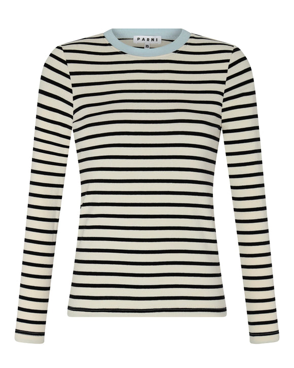 PAR-T424 IVORY BLK&BLUE NECK STRIPED T-SHIRT