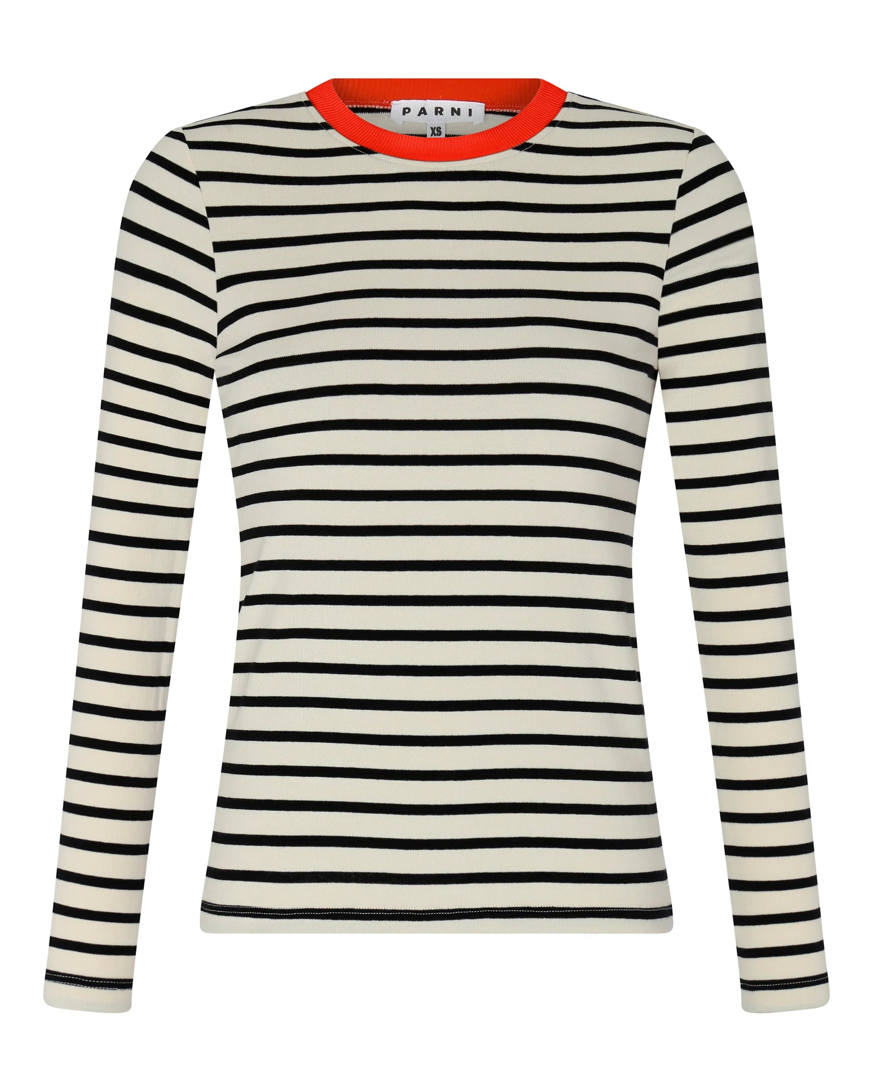 PAR-T424 IVORY BLK&ORANGE NECK STRIPED T-SHIRT