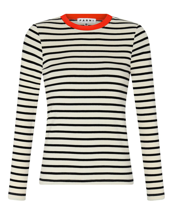 PAR-T424 IVORY NAVY&ORANGE NECK STRIPED T-SHIRT