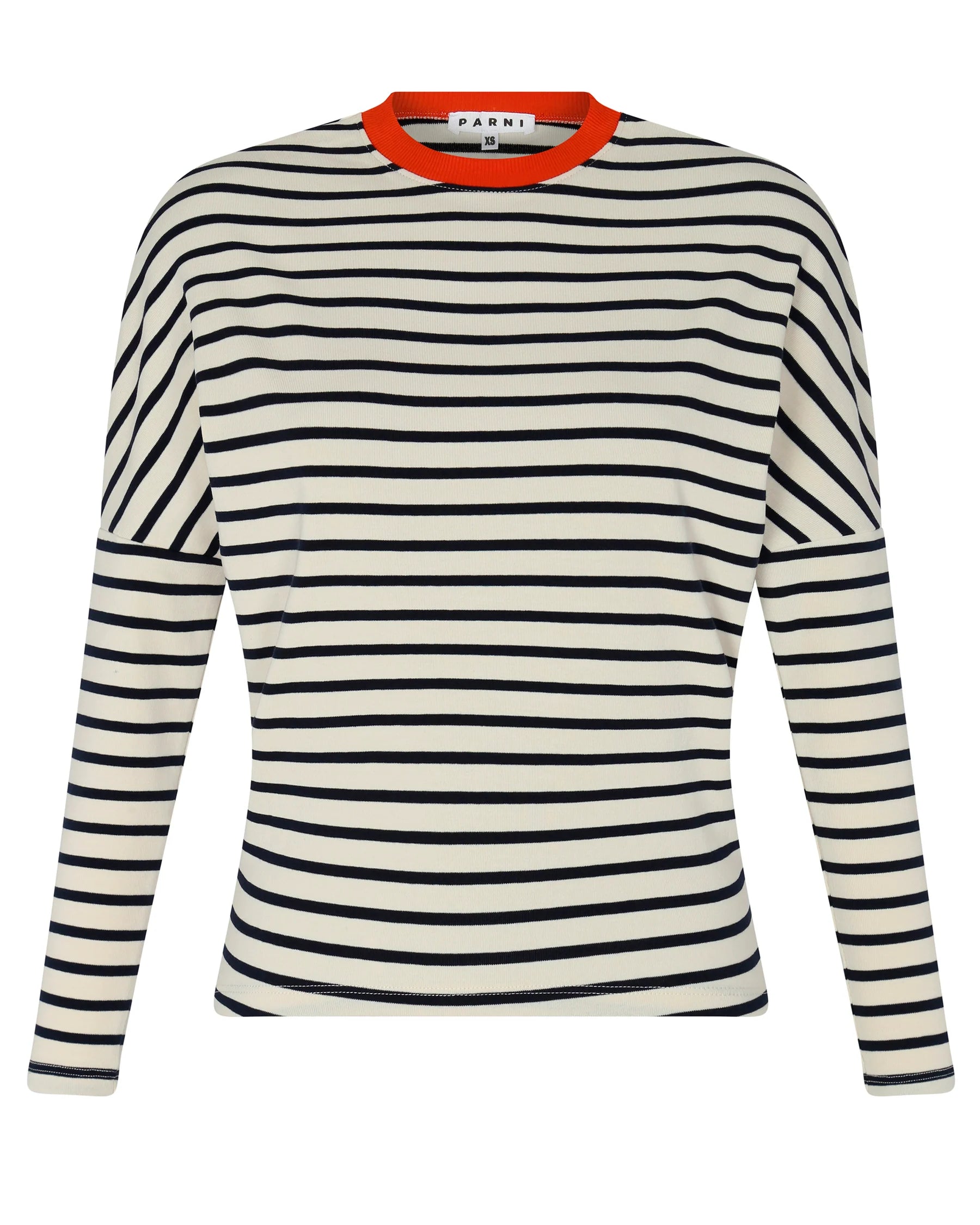 PAR-T425 IVORY BLK&ORANGE NECK DOLMAN STRIPE T-SHIRT