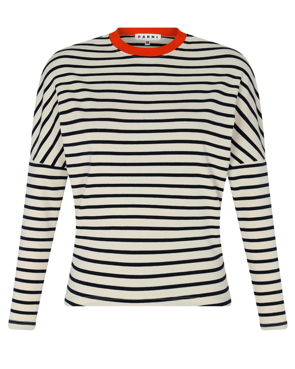 PAR-T425 IVORY BLK&ORANGE NECK DOLMAN STRIPE T-SHIRT