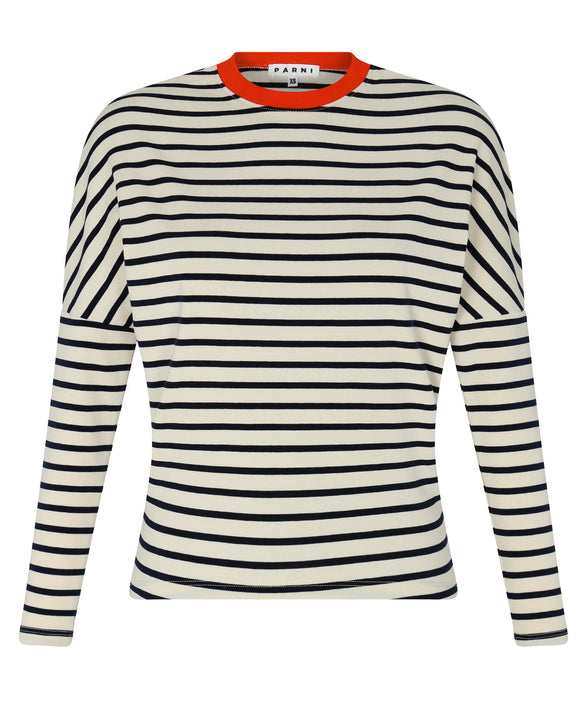 PAR-T425 IVORY NAVY&ORANGE NECK DOLMAN STRIPE T-SHIRT