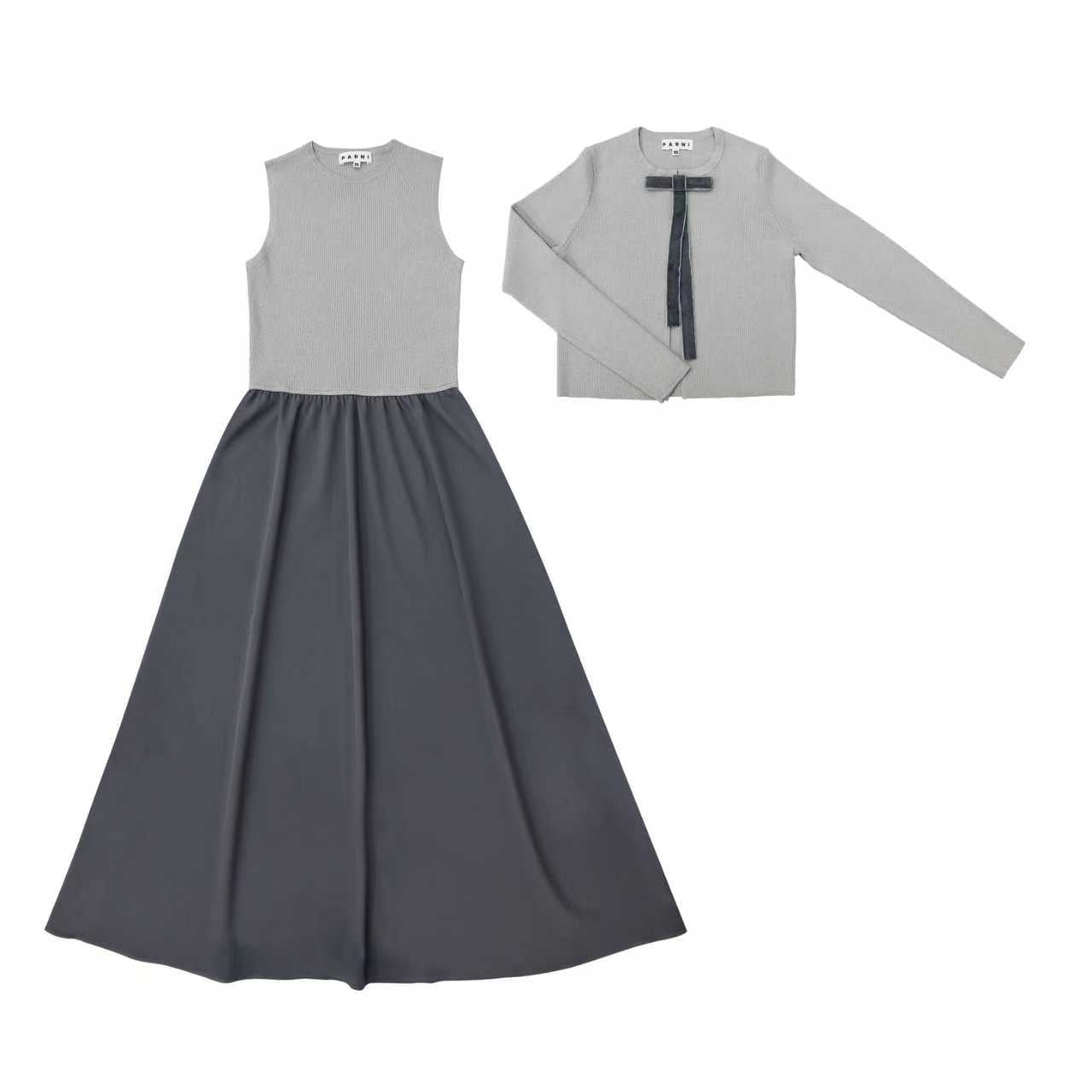 PAR-T468 GREY BOW CARDI DRESS SET