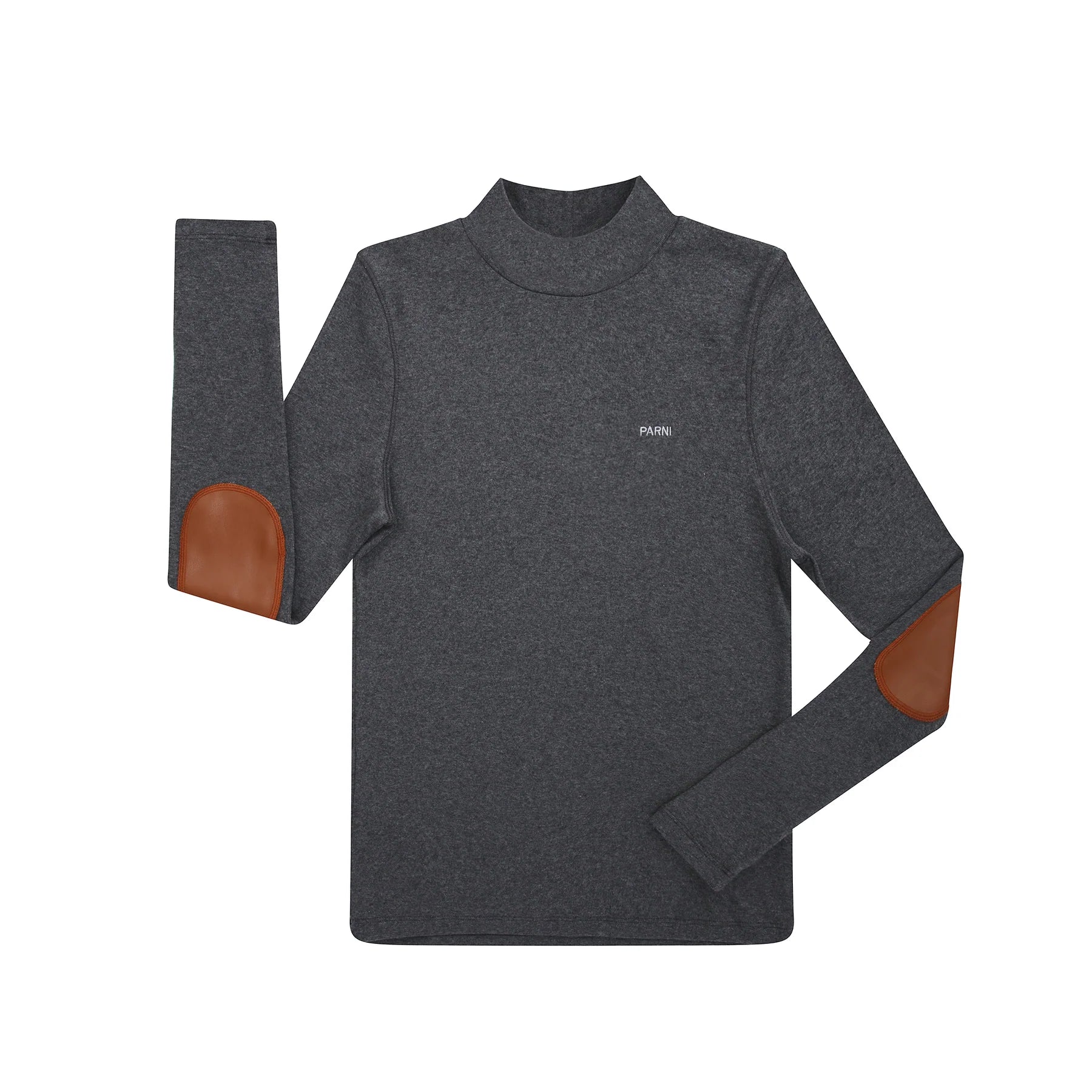 PAR-T481 GREY LEATHER PATCH TURTLENECK