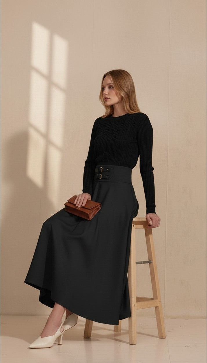 ROP-RPS2511 BLACK LEATHER PATCH BUCKLE SKIRT