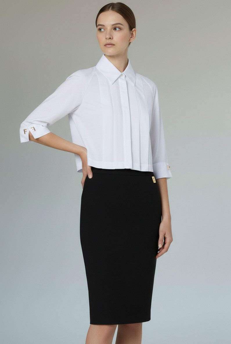 ELS-CA17766 WHITE PLEATED CROP BLOUSE