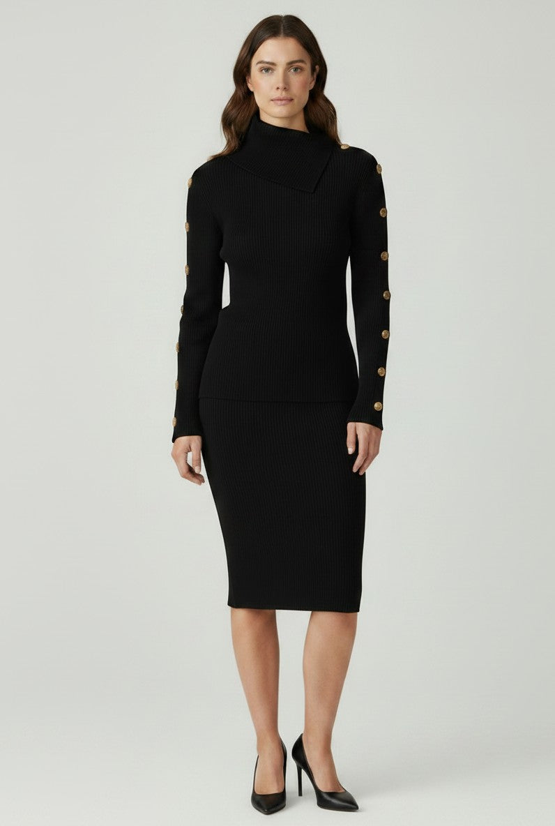 ELS-MK03S66 BLACK BUTTON HIGH NECK TOP