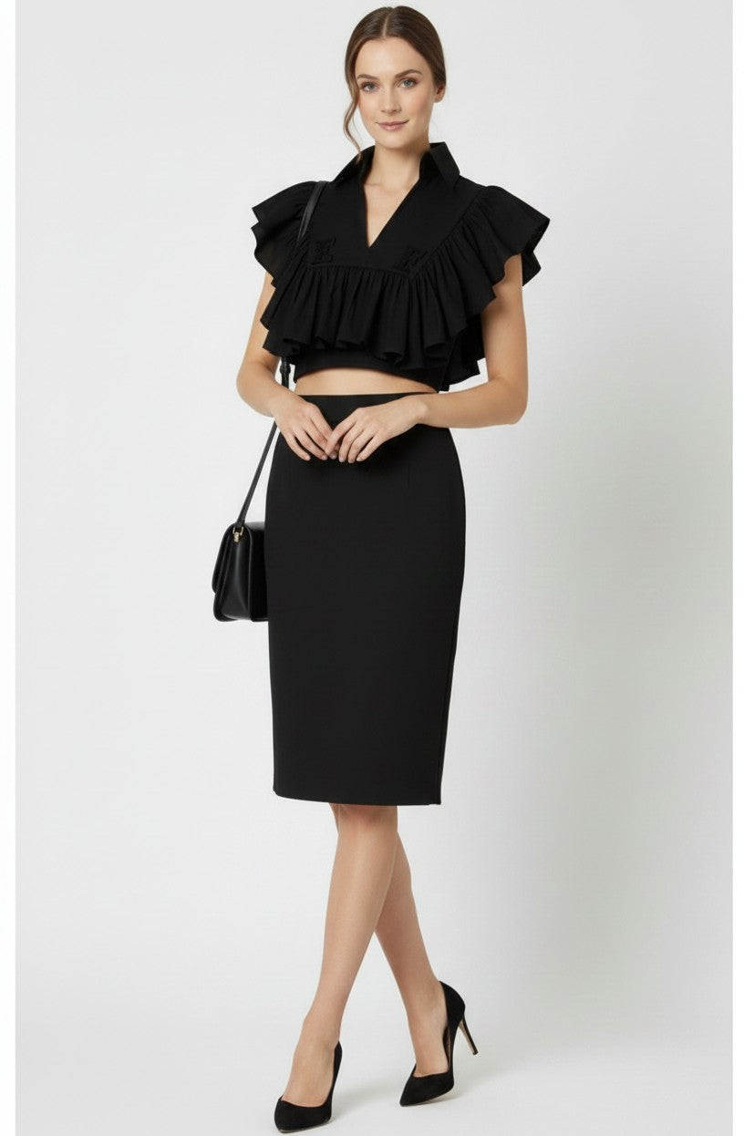 ELS-CA18666 BLACK FRILL LOGO BLOUSE