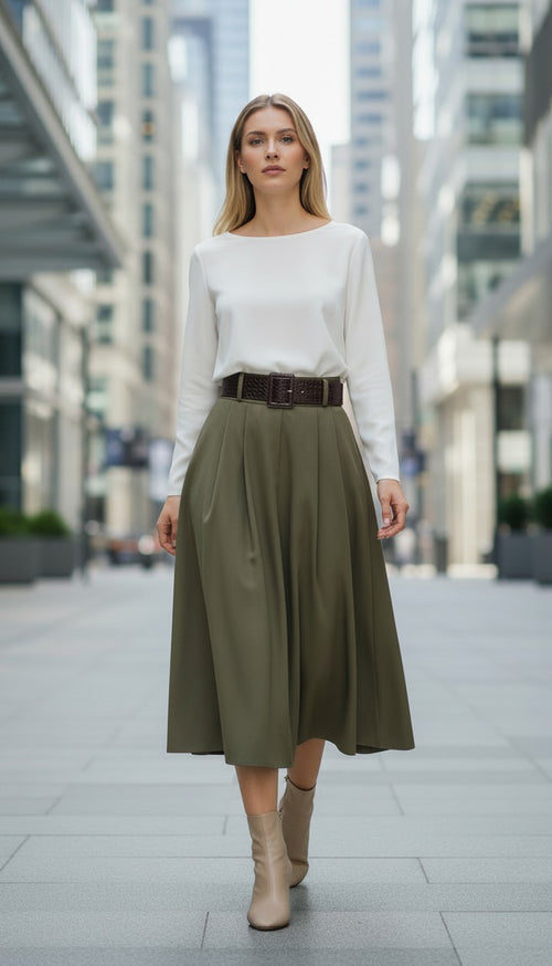 ELW-60369LJ KHAKI LEATHER BELT SKIRT