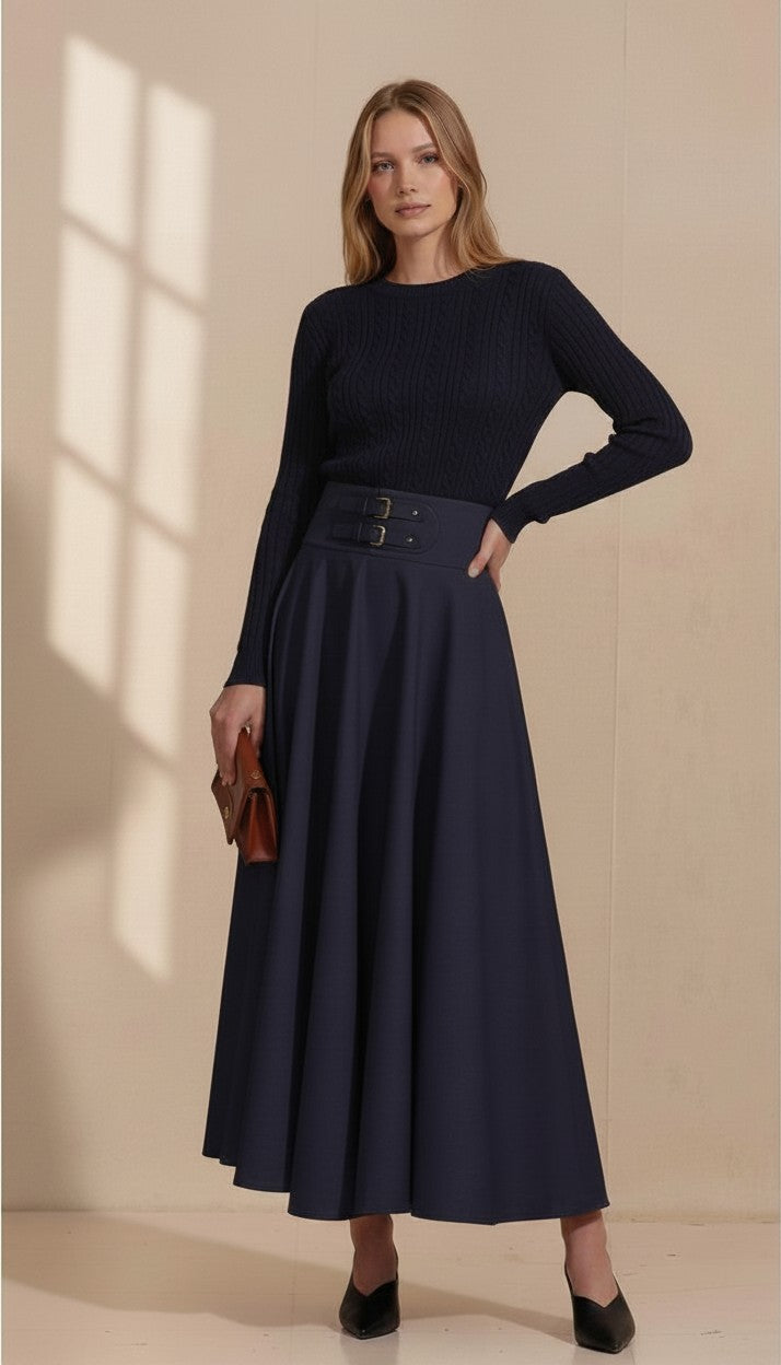 ROP-RPS2511 NAVY LEATHER PATCH BUCKLE SKIRT