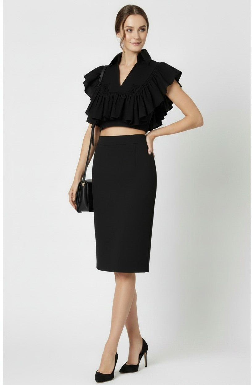 ELS-CA18666 BLACK FRILL LOGO BLOUSE