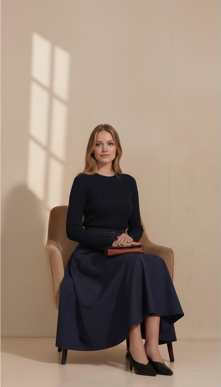 ROP-RPS2511 NAVY LEATHER PATCH BUCKLE SKIRT