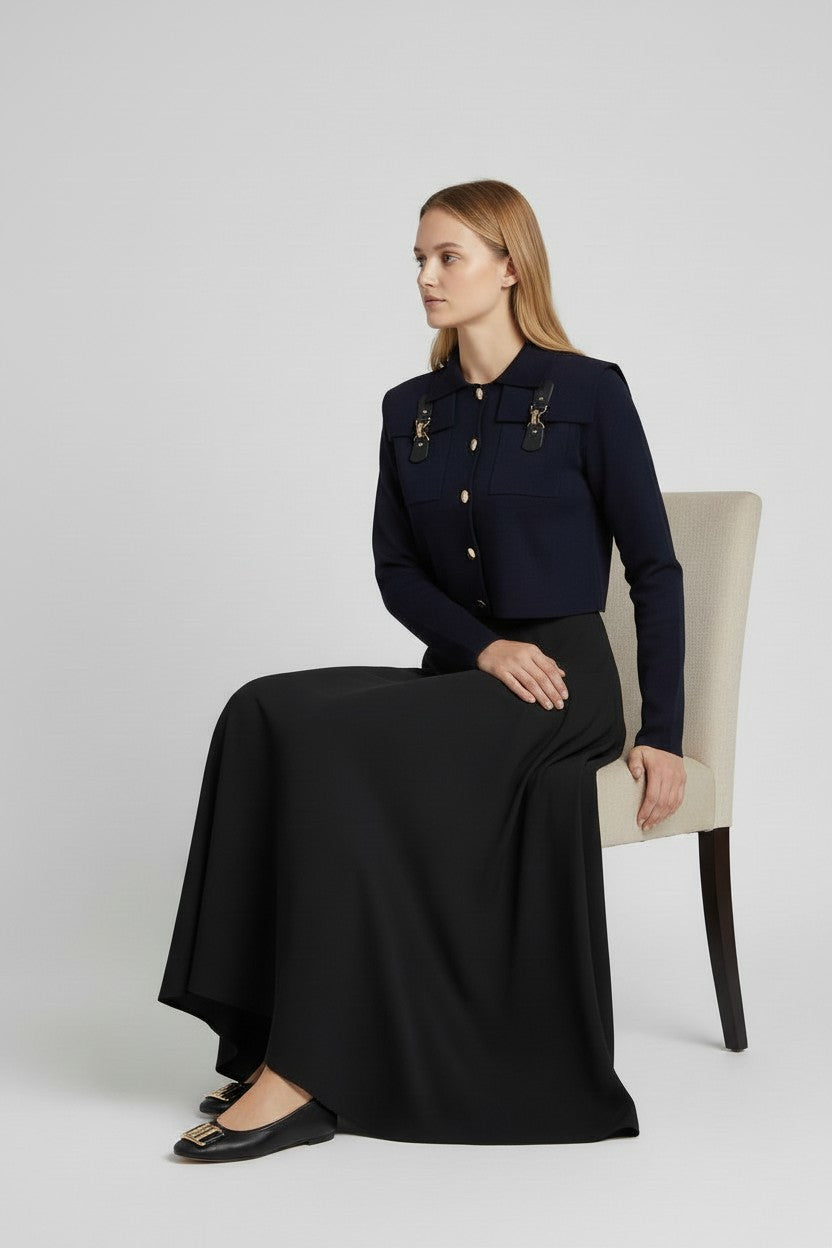 ALZ-T268 NAVY BUCKLE KNIT TOP