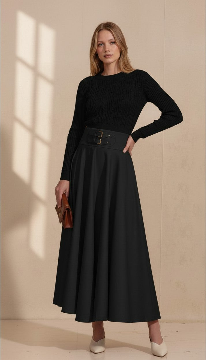 ROP-RPS2511 BLACK LEATHER PATCH BUCKLE SKIRT