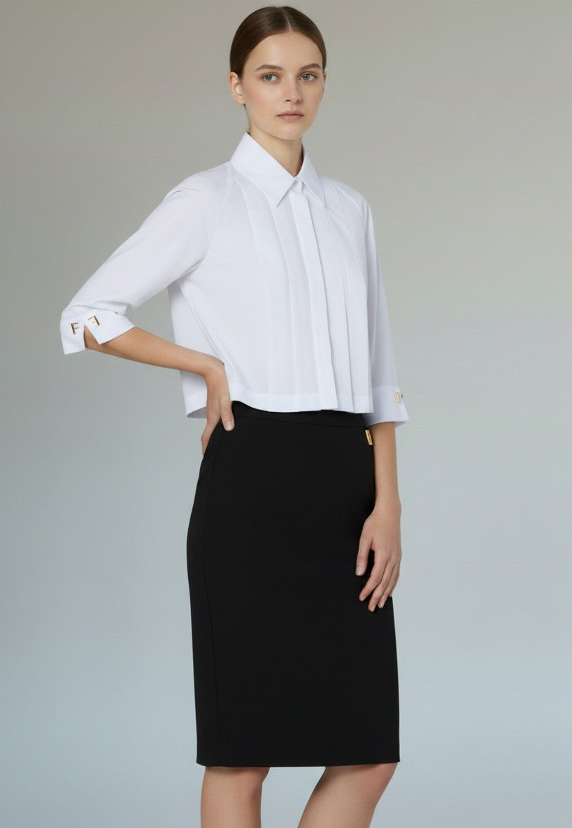 ELS-CA17766 WHITE PLEATED CROP BLOUSE