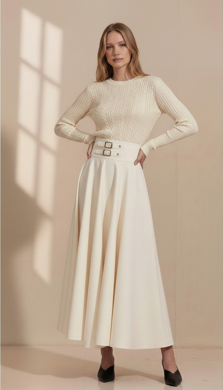 ROP-RPS2511 IVORY LEATHER PATCH BUCKLE SKIRT