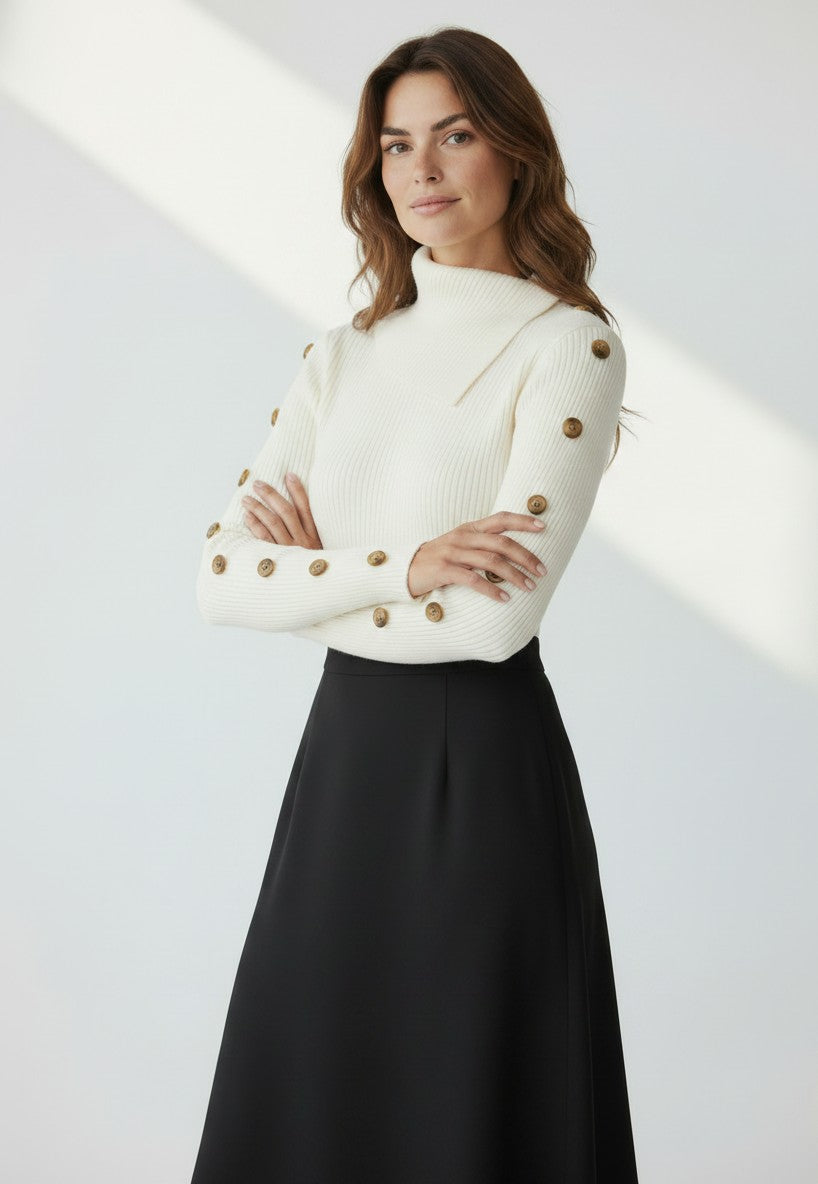 ELS-MK03S66 BEIGE BUTTON HIGH NECK TOP