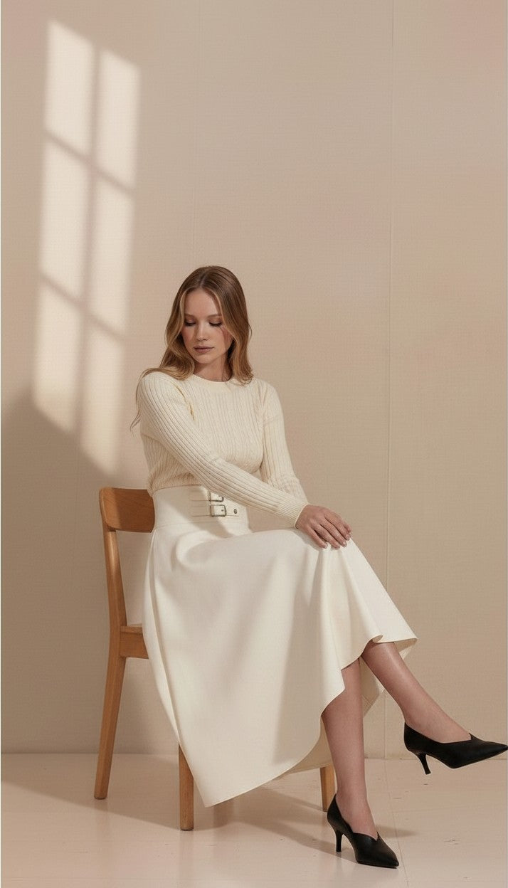 ROP-RPS2511 IVORY LEATHER PATCH BUCKLE SKIRT