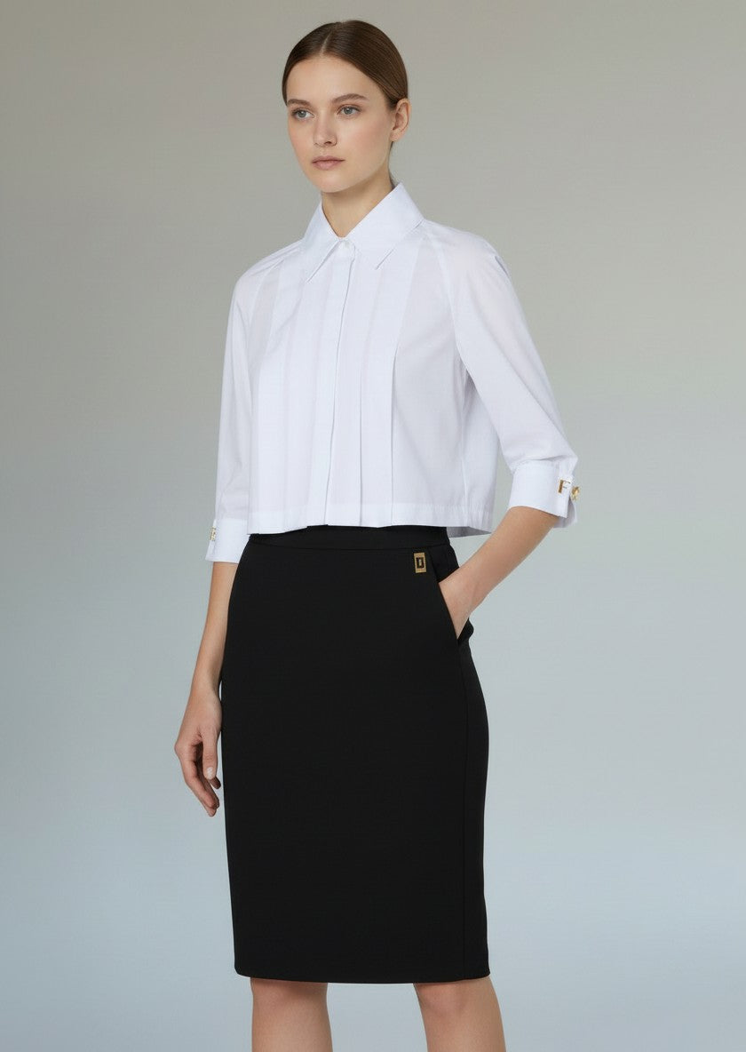 ELS-CA17766 WHITE PLEATED CROP BLOUSE