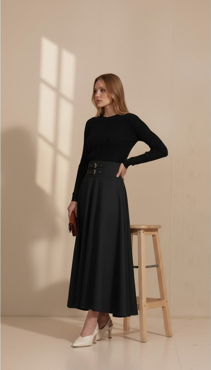 ROP-RPS2511 BLACK LEATHER PATCH BUCKLE SKIRT