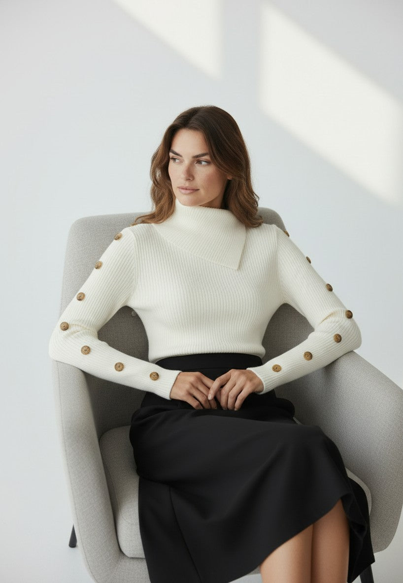 ELS-MK03S66 BEIGE BUTTON HIGH NECK TOP