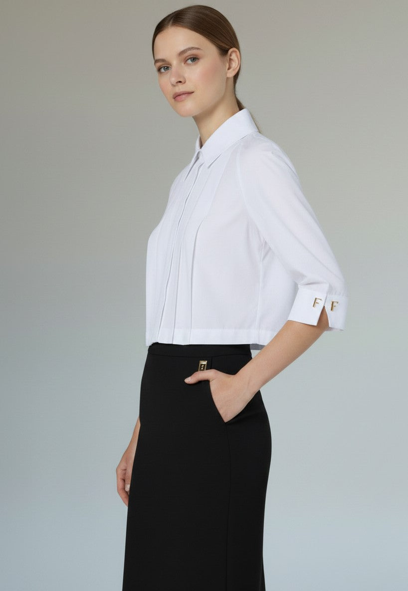 ELS-CA17766 WHITE PLEATED CROP BLOUSE