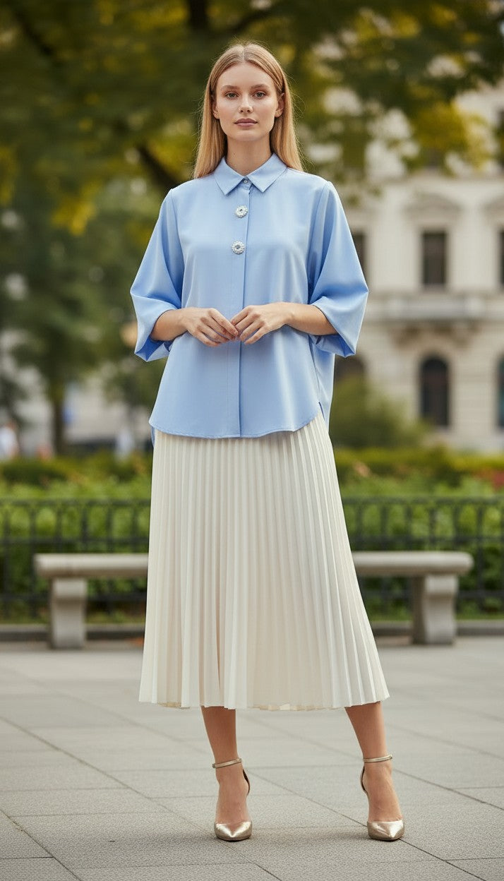 ELW-60279YC BLUE FLOWER BUTTON BLOUSE