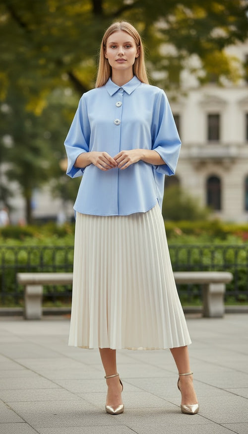 ELW-60279YC BLUE FLOWER BUTTON BLOUSE