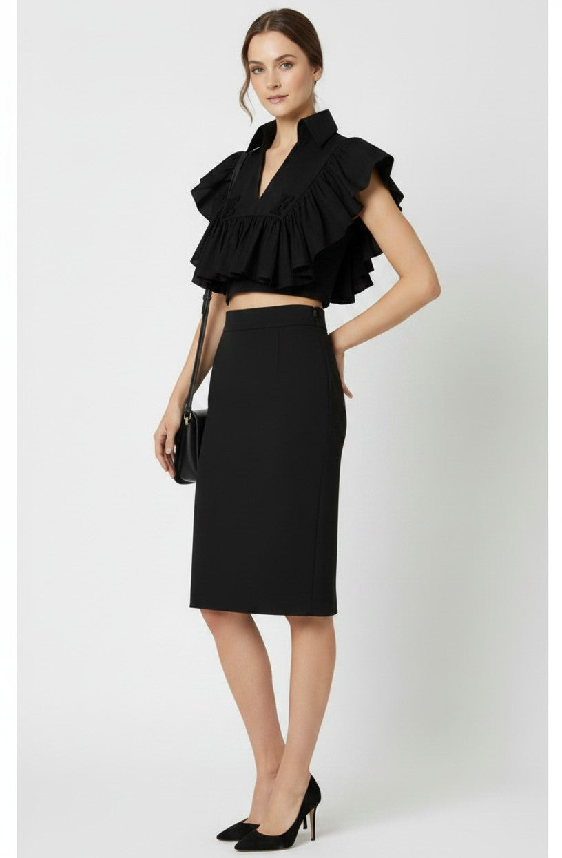 ELS-CA18666 BLACK FRILL LOGO BLOUSE